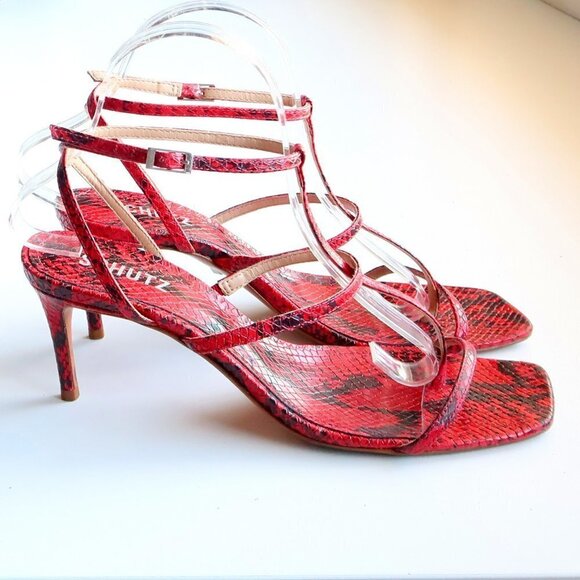 SCHUTZ Red Black Snakeskin Strappy Open Square Toe  Heeled Sandals Summer Shoes - Picture 3 of 16
